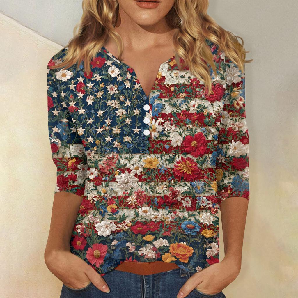Women's T Shirt Independence Day Print Button 3/4 Sleeve Daily Weekend Fashion Basic V- Neck Regular Top