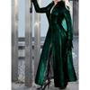 Women's Long Sleeve Faux Leather Maxi Coat Slim Fit Zip Up V Neck Elegant Commuter Trench Overcoat For Fall Winter