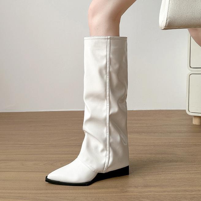 Niszowy design, skośny obcas, szpiczaste, skórzane, ocieplane kozaki, kozaki rycerskie 2025 jesień i zima, temperament, wszechstronne, wyszczuplające kozaki