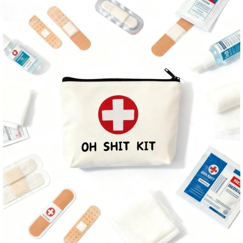 1PC Canvas "OH SHIT KIT" First Aid Pouch - Unisex Red/Natural Emergency Travel Toiletry Bag