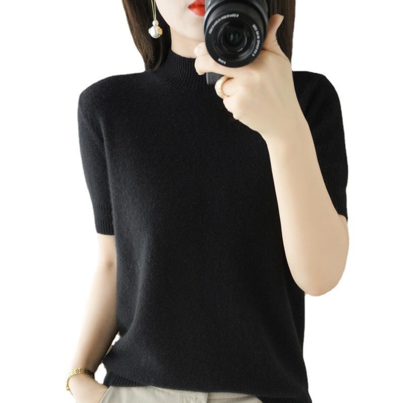 Svetr s polovičním rolákem Vícebarevný Krátký rukáv Letní Nový Volný Módní a Všestranný Jednobarevný Temperament Vnitřní Top