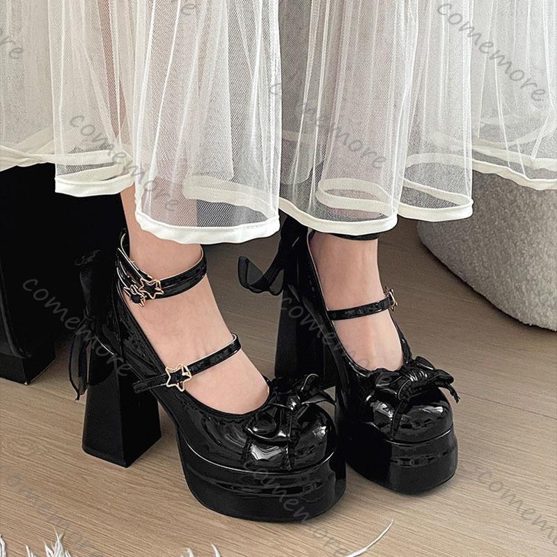 Fashion Comemore Platform Women Lolita Pumps Fashion Shallow Chunky High Heel Female Shoes Night Club Ankle Buckle Bow Dress Heels Women