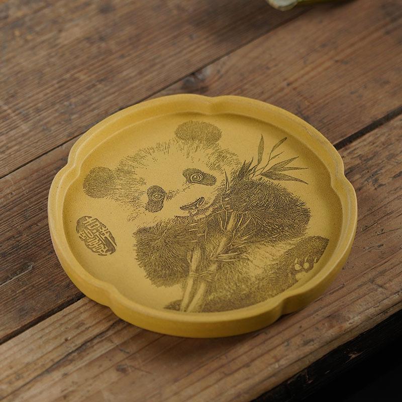 Hand-carved Panda Zisha Pot Bearing Holder Elegant Dry Bubble Table Dry Brew Table Tea Tray Fruit Snack Plate Purple Mud Teaset
