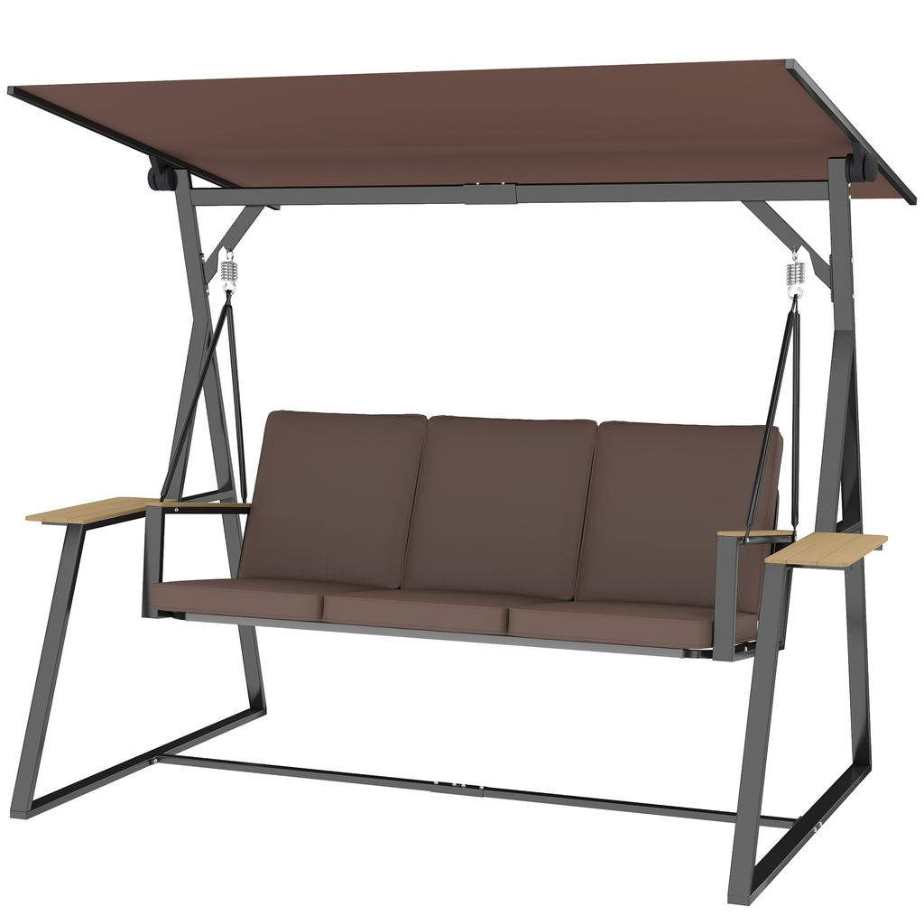 Outdoor Garden Swing 3 Seater With Adjustable Roof 2 Trays Cushions And Metal Frame Load 360 Kg Brown