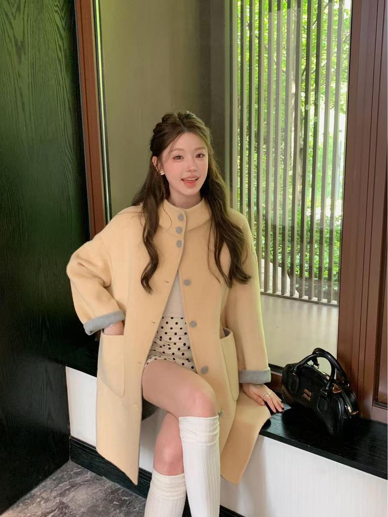 Reversible Korean Style Hooded Long Wool Coat, Light Colors, Thick Double-Faced Wool, Loose Fit, Slimming, High-End Outerwear.