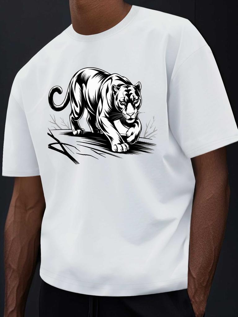 Summer White Leopard Print Men's 100% Pure Cotton Round Neck Short Sleeved Casual Breathable Loose Street T-shirt