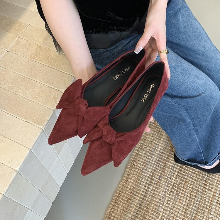 Soft-soled Single Shoes Women's Shallow Mouth 2025 New Autumn Pointed Head Shallow Mouth Thick Heel Soft Leather Bow Fairy Women's Shoes Tide