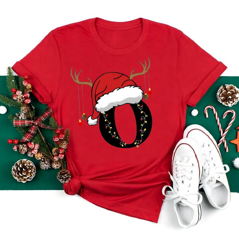 New 26 AZ Christmas Alphabet T Shirt Women Casual Fashion Tshirt Short Sleeve Christmas Party Aesthetics fashion Clothing