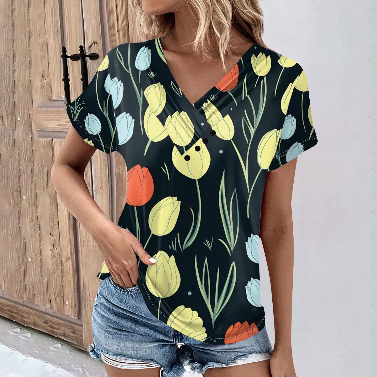 

Женская весенне-летняя модная футболка с принтом в стиле ретро, ​​плиссированный топ на пуговицах с v-образным вырезом и короткими рукавами L