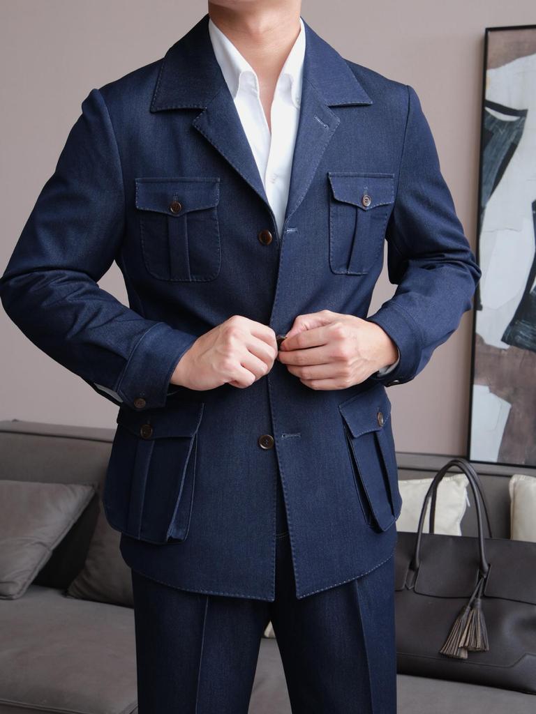 Męska dopasowana włoska kurtka dżinsowa Ruishen - Klasyczny kołnierz, myśliwska, codzienna, biznesowa odzież wierzchnia na jesień/zimę