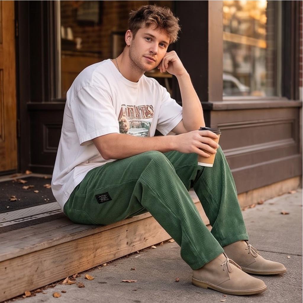 Men's Loose Fit Corduroy Wide Leg Pants with and Pockets, Color Casual Trousers