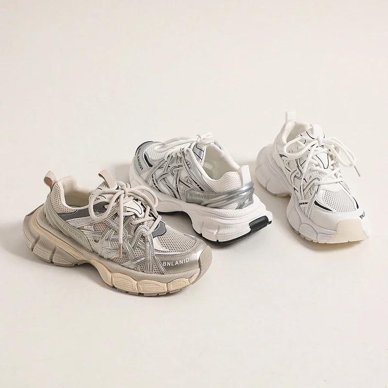 2024 Nuove Sneakers da Donna Basse con Zeppa Patchwork Fondo Spesso Pelle Morbida Punta Tonda Casual Sneakers da Donna