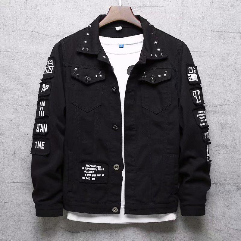 Lochige Jeansjacke für Herren - Koreanischer Stil, Trendy und Locker geschnitten, Perfekt für Frühling und Herbst, Beliebter Hongkong-Stil. L schwarz