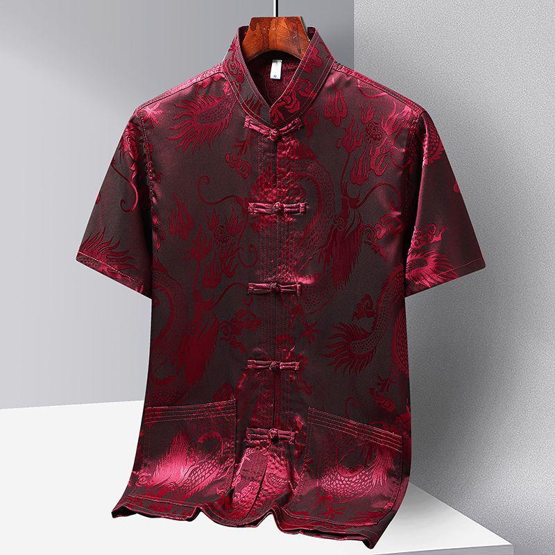 

Chinese-style Men Short-sleeved Shirt Summer Stand-up Collar Single-breasted Shirts Decorated with Chinese Dragon Patterns. 4XL вина червоного кольору