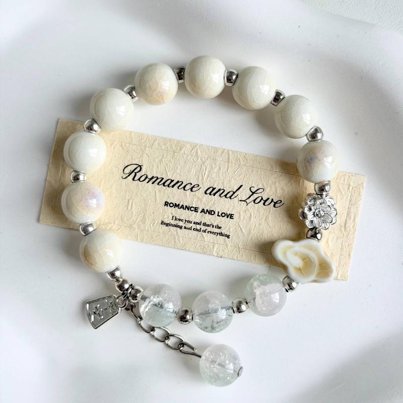 Boho Keramik Perlen Armband für Damen Zartrosa Rund mit Marmor Quadratischen Perlen, Elastisches Dehnbares Design für den Alltag & Geschenk
