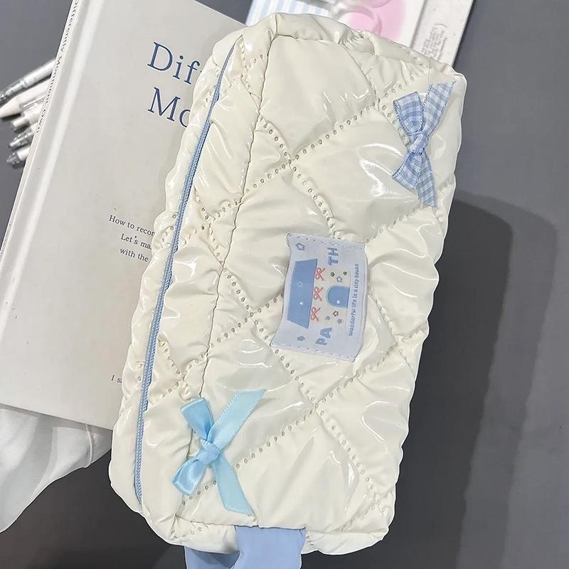 Blau Weiß Schleife Stifttasche Große Kapazität Schreibwarentasche Reise Aufbewahrungstasche Damen Kosmetiktaschen Niedliches Design Mädchen Federmäppchen