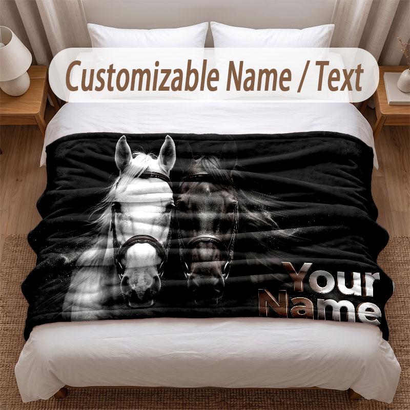 Horse Theme Soft Blanket Personalized Custom Name Text Print Warm Blanket Home Sofa Bedroom Decor