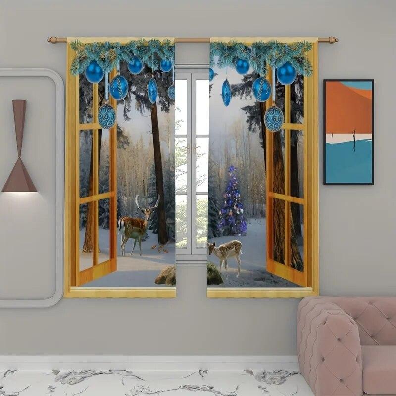 2ks Vánoční Snow Deer Tree Záclonová tyč Kapsa Ošetření oken Pro ložnici Kancelář Kuchyň Obývací pokoj Studovna Opalovací krém Home De