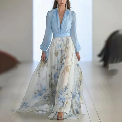 Dames Digitale Print Lange Mouw V-hals Patchwork Lange Jurk Jurk