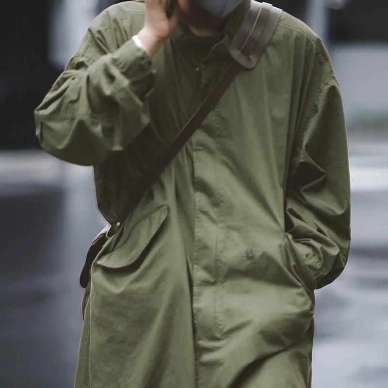 Maden Pánský M51 Parka s rybím ocasem Vintage Zelená Tkaná Šňůrka v pase Bunda Střední délka Oversized Volná Vnější oblečení pro muže