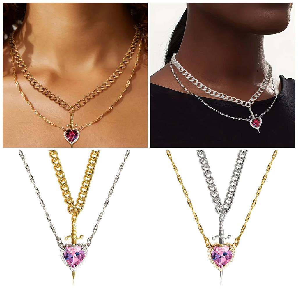 Crystal Heart and Swords Zircon Pendant Necklace for Women Men Adjustable Neckchain Silver/Gold Plated Chain Choker