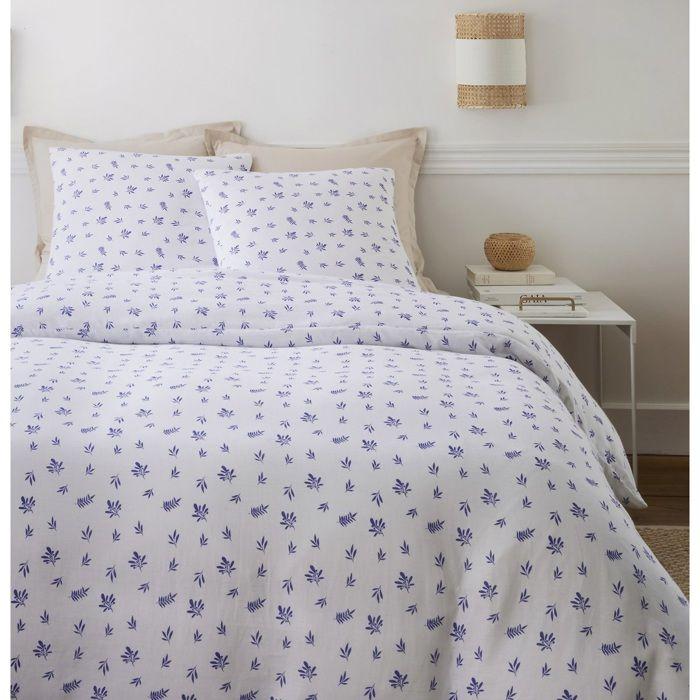 Housse De Couette + Taies - Loucas - Gaze De Coton - 240 X 260 Cm - Motifs Feuillage Bleu