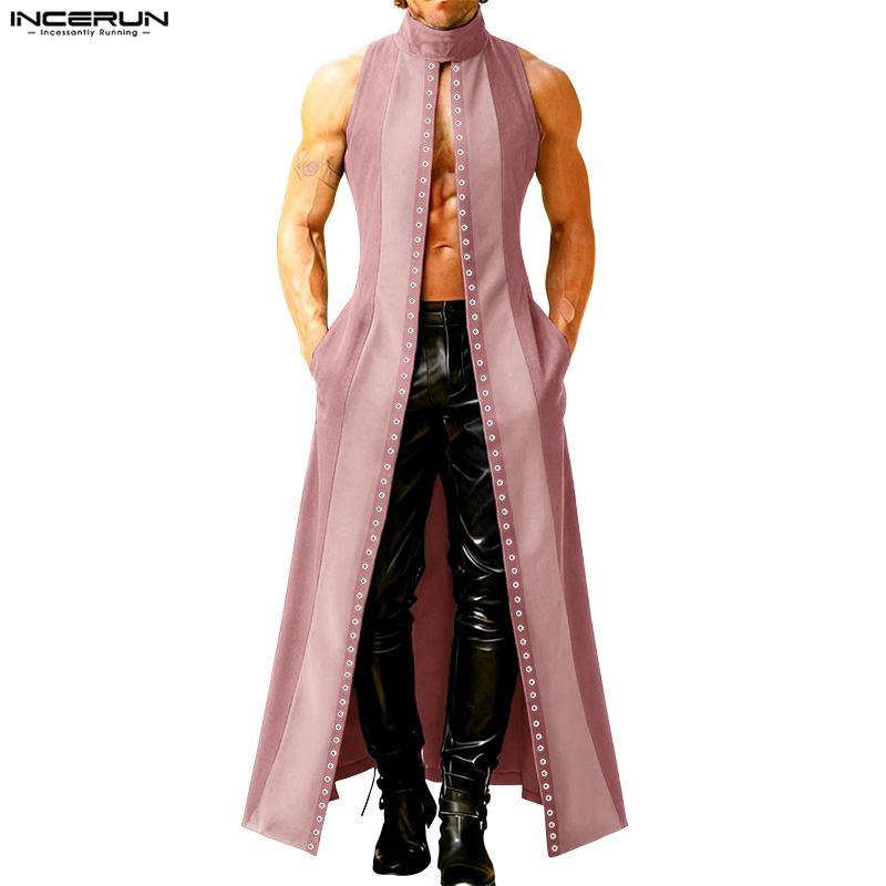 INCERUN Men Stand Neck Sleeveless Open Front Eyelet Casual Cosplay Long Vest Cardigan