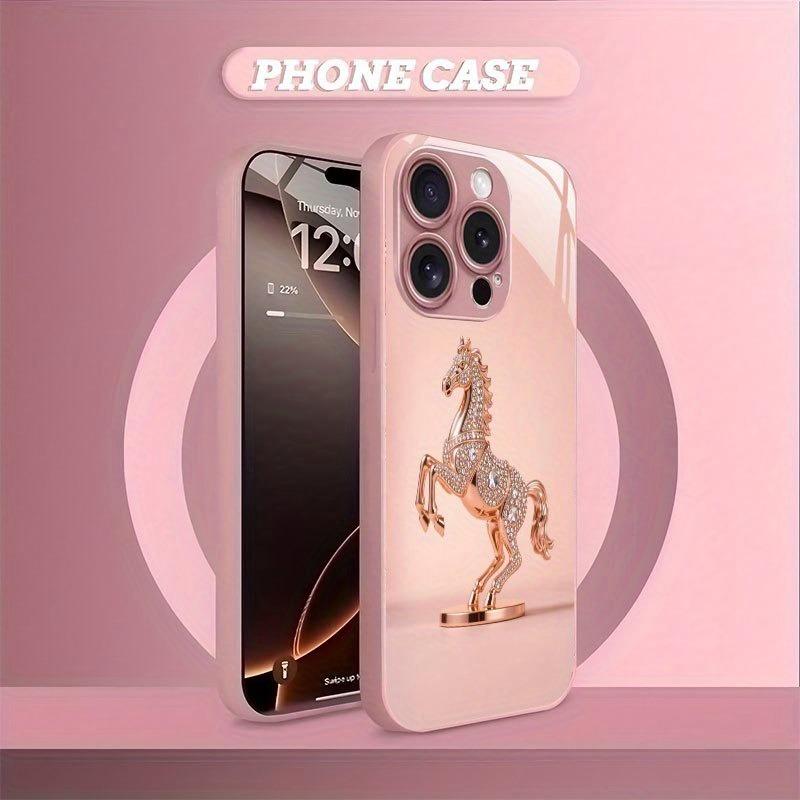 Cute Horse Pattern Pink Metallic Tempered Glass Phone Case For iPhone 11 12 13 14 15 16 17 Pro Max 15 14 Plus 17 Air 16E Cover