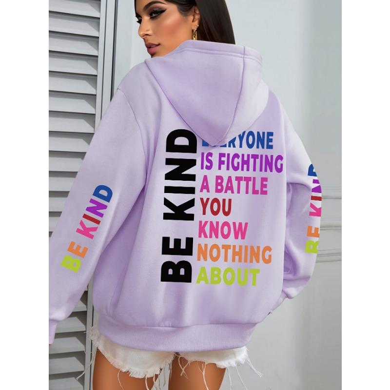Be Kind Print Hoodie, Casual Long Sleeve with Pocket Hooded Sweatshirt for Winter And Fall, Designed for Women, Women'S Clothing