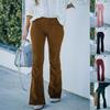 Fall Winter Women Solid Color High Waist Slim Fit Corduroy Flared Pants Elastic Waist Casual Trousers