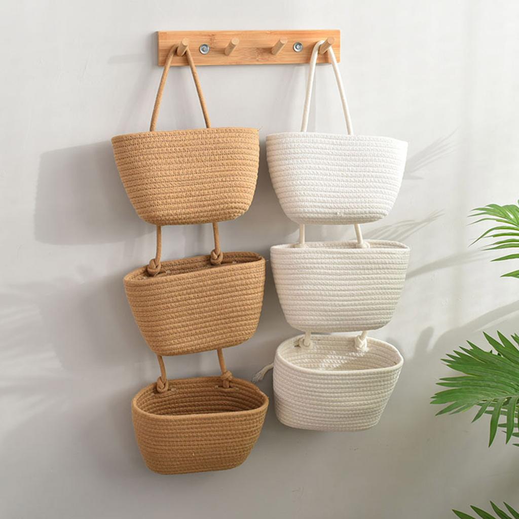 Multipurpose Hanging Cotton Rope Baskets 3 Layer Cotton Rope Foldable Hanging Basket for Efficient Item Arrangement