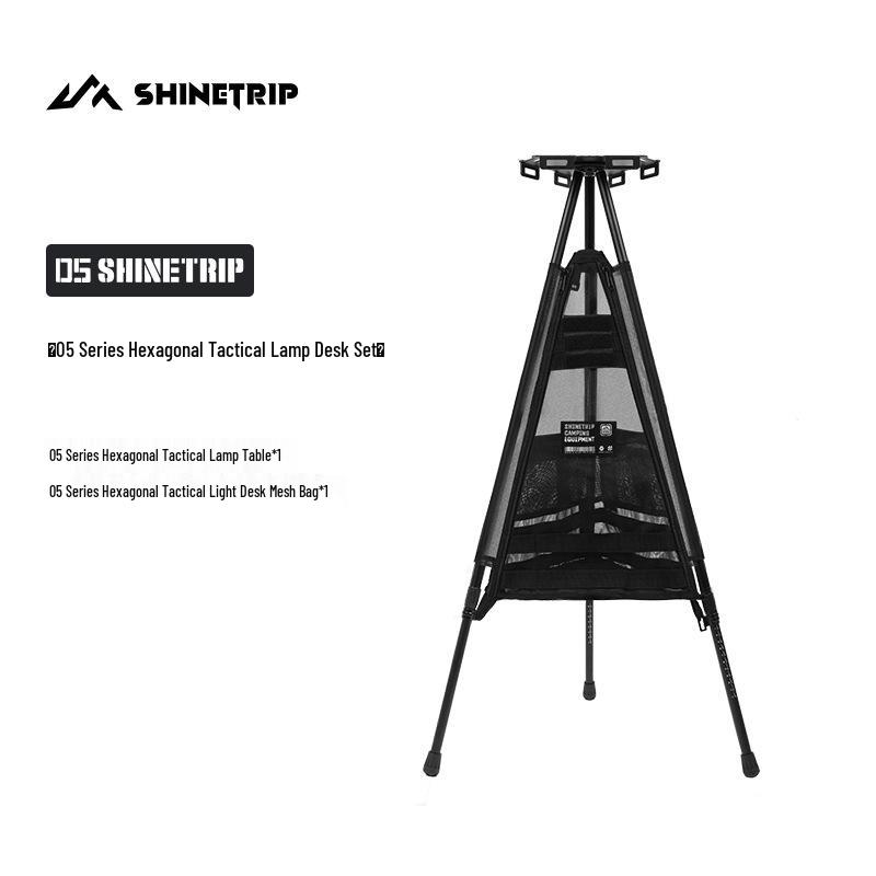 Mountain Fun Hexagonal Camping Table: Portable with 19 Lights, Lifting Storage Rack, and Detachable Aluminum Alloy Design.