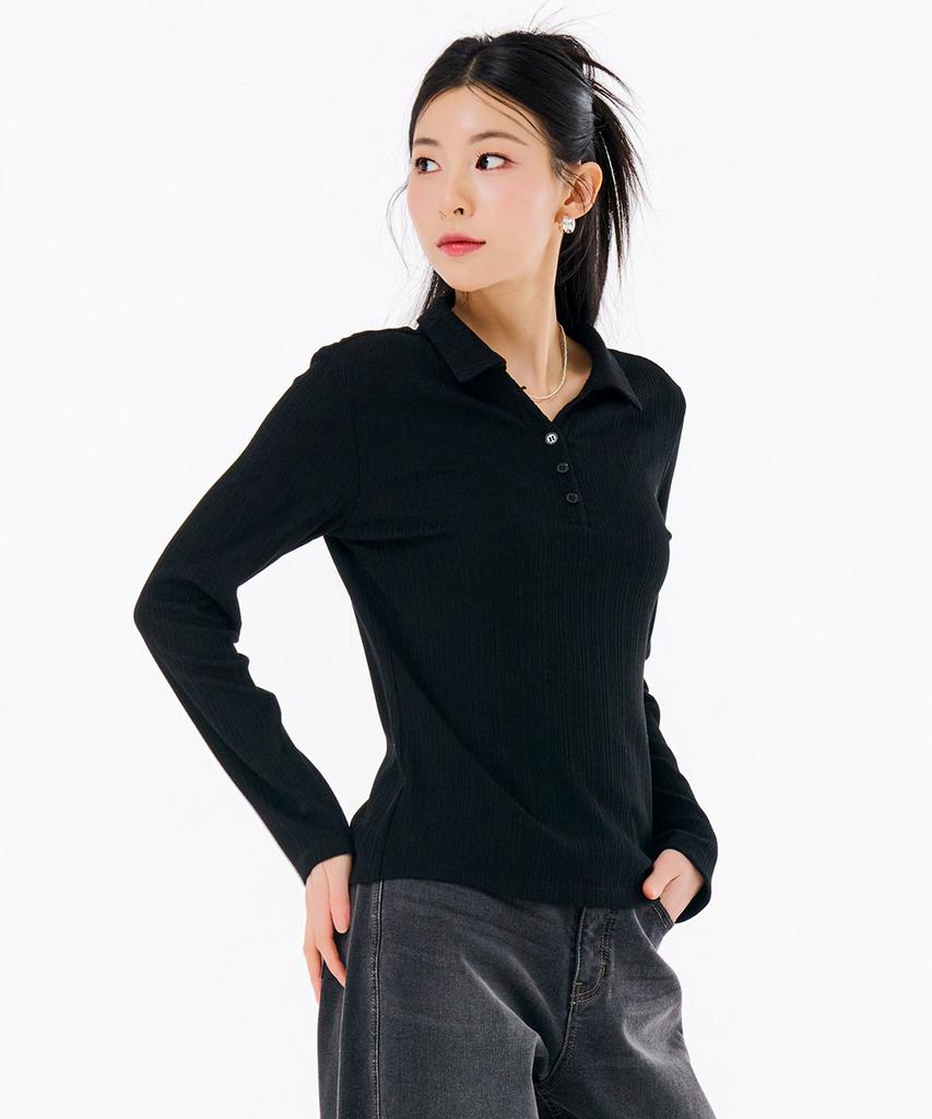 CHASECULT Women'S Ribbed Open Collar Long Sleeve T-Shirt-Farg5162B03
