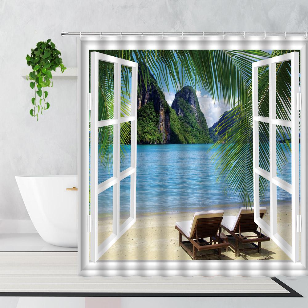 Palm Trees Beach Shower Curtains Sea Waves Island Vacation Hawaii Nature Scenery Summer Fabric Bathroom Decor Bath Curtain Hooks