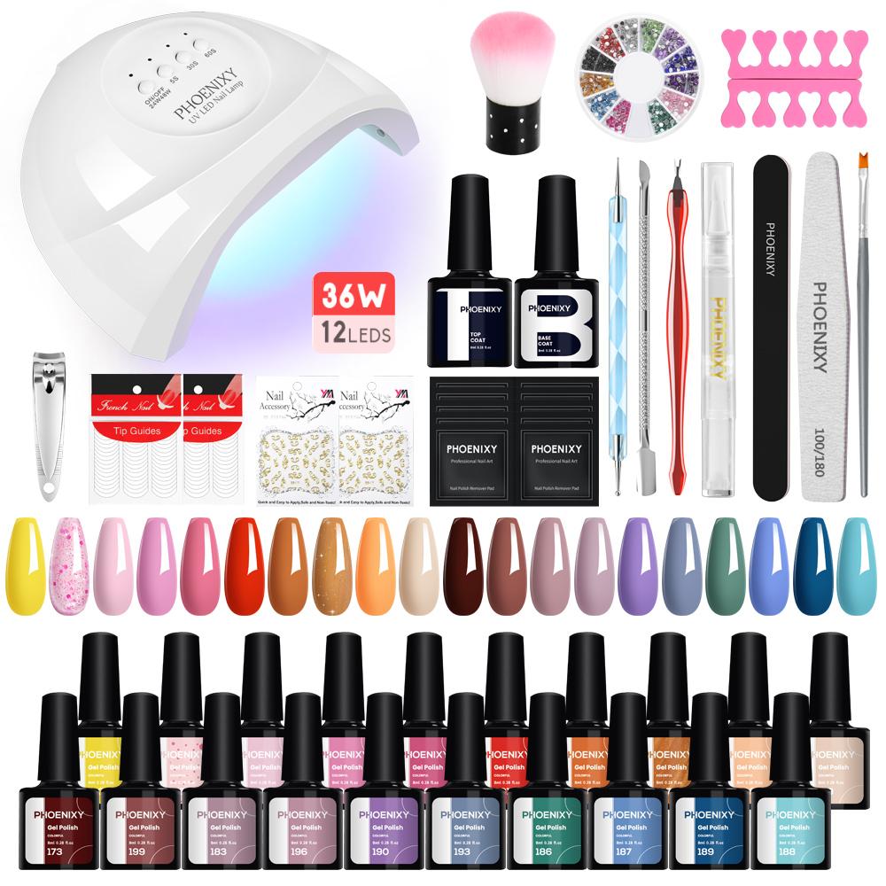 PHOENIXY 20pcs Gel Nail Polish Kit with UV Nail Lamp Top Base Coat Semi Permanent Varnish Manicure Set