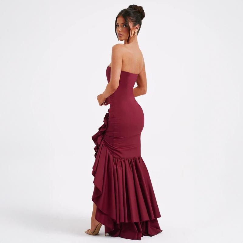 Summer Elegant Women'S Fashion Strapless Sleeveless Sitt Open-Back Packed Tail Dress European American Style