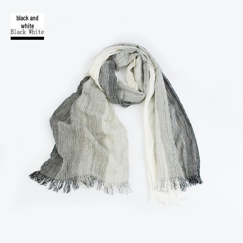 

Mori Girl Женская легкая хлопчатобумажно-льняная полосатая шаль с кисточками и солнцезащитный шелковый шарф 2024 года Over 175cm чёрный/белый