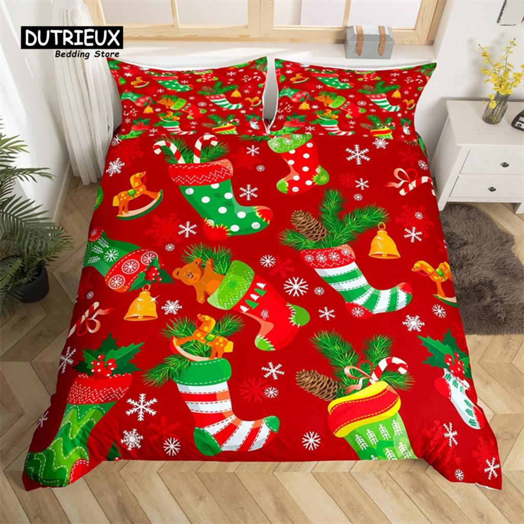 Christmas Duvet Cover Cartoon Snowman Deer Reindeer Bedding Set Twin Size Microfiber Cute Gingerbread Stocking Comforter Cover