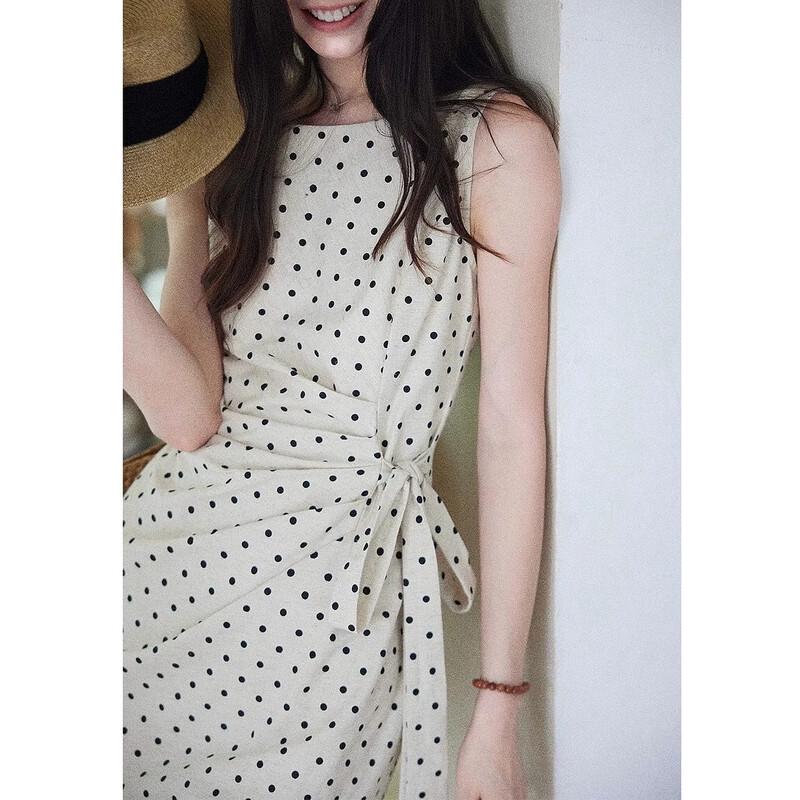 Demana French Elegant Polka Dot Sleeveless Midi Dress M