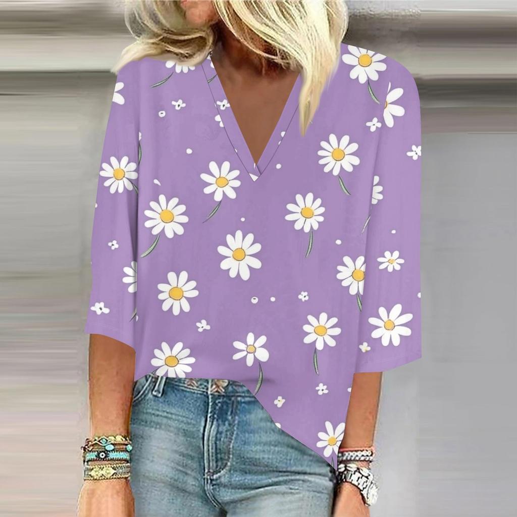 Women's Shirt Blouse Casual Loose Shirts 3/4 Sleeve Print V Neck Tops Print Tops T-shirts Tee