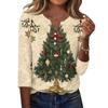 Women's Fashion Casual Christmas Print V-Neck Button Three-Quarter Sleeve T-Shirt Top