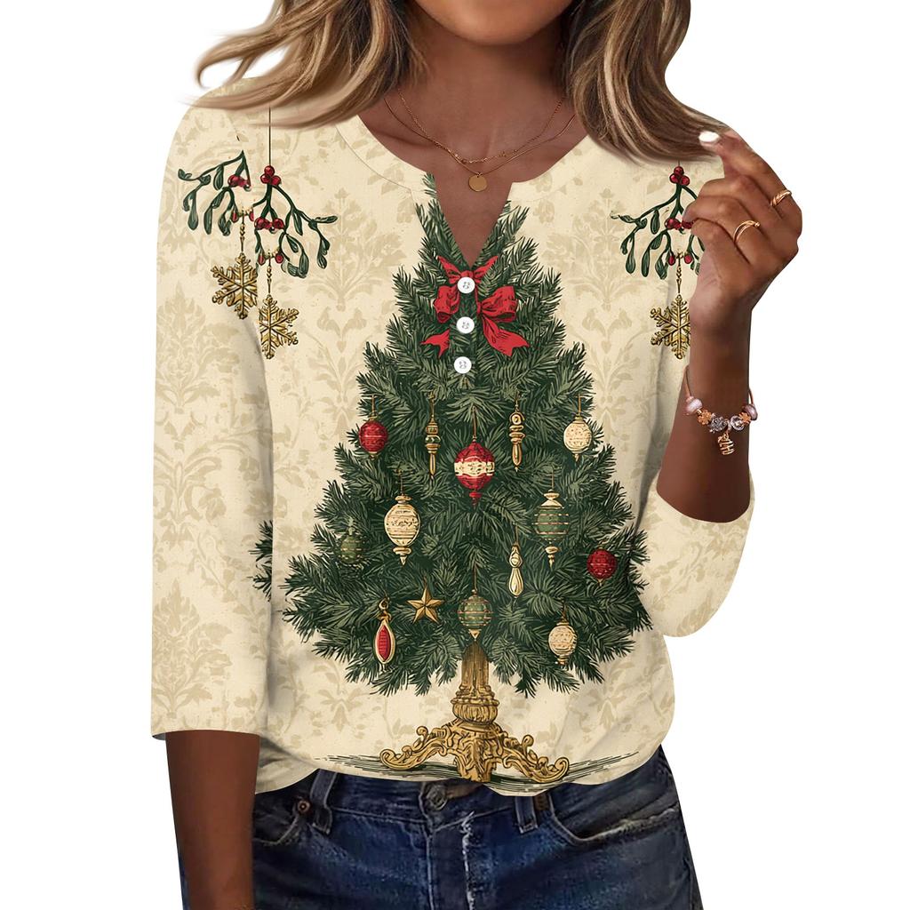 Women's Fashion Casual Christmas Print V-Neck Button Three-Quarter Sleeve T-Shirt Top