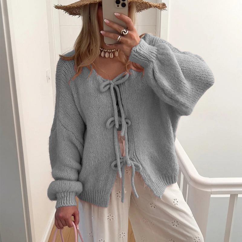 Autumn and winter women's new sweater loose lace-up cardigan knitted bow top coat