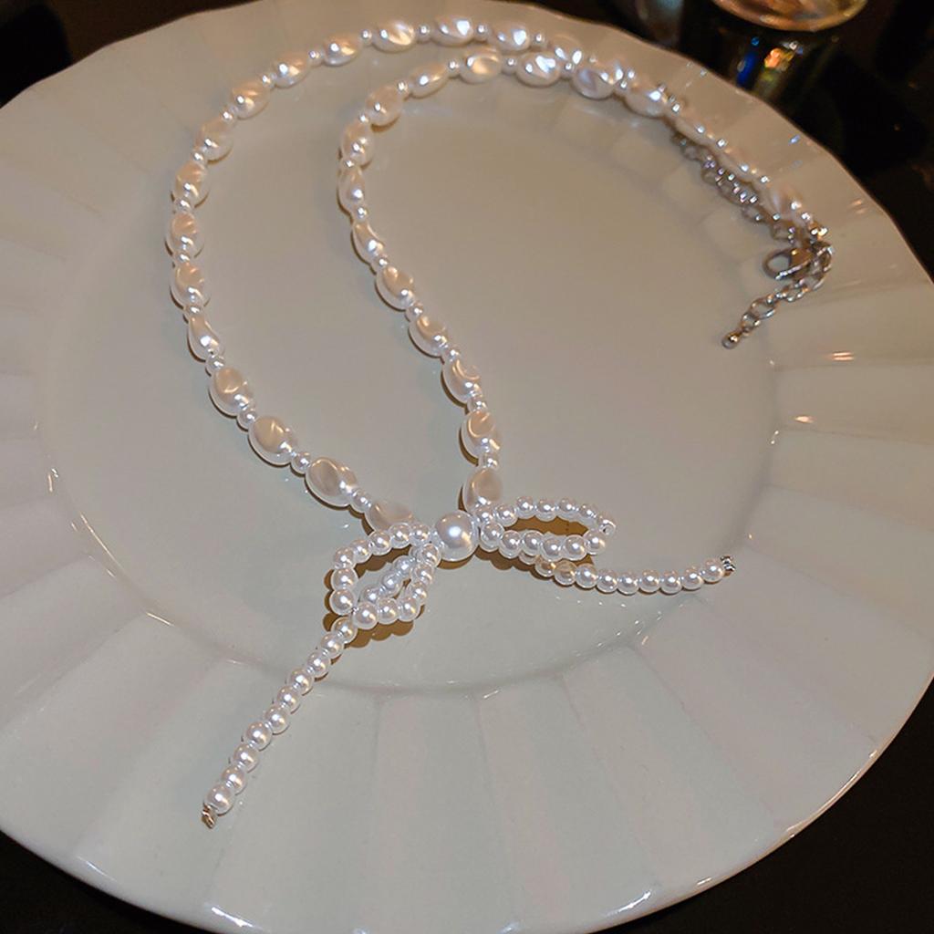 Elegant Bowknot Necklace Irregular Pearl Beaded Choker for Women Girls Korean Fashion Clavicle Chain Party Jewelry Gift