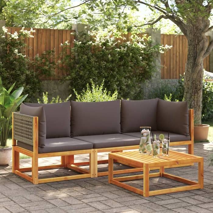 VidaXL Canapé d'angle de jardin avec coussins en bois d'acacia et rotin 4008172