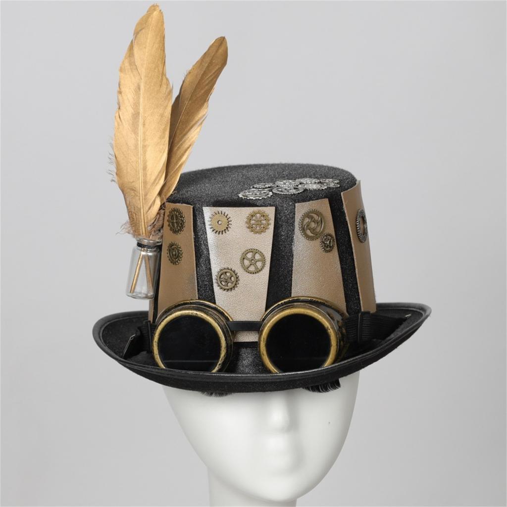 Unisex Steampunk Top Hat with Brim and Goggles Vintage Style Headwear for Costume Party Holiday Decorations Gift