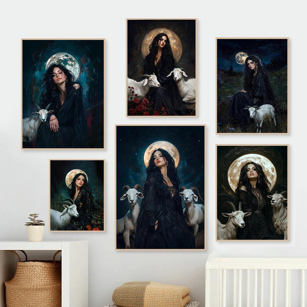 Victorian Style Witch Moon Goddess Dark Academy Retro Posters Prints Canvas Painting Wall ArPicture Living Room Home Decor