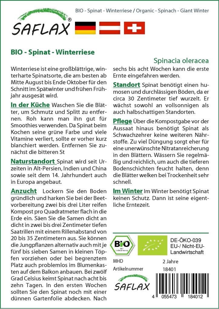 SAFLAX Garden In the Bag - Organic - Spinach - Giant Winter - 250 Seeds - With Substrate In a Fitting Stand Up Bag - Spinacia Oleracea