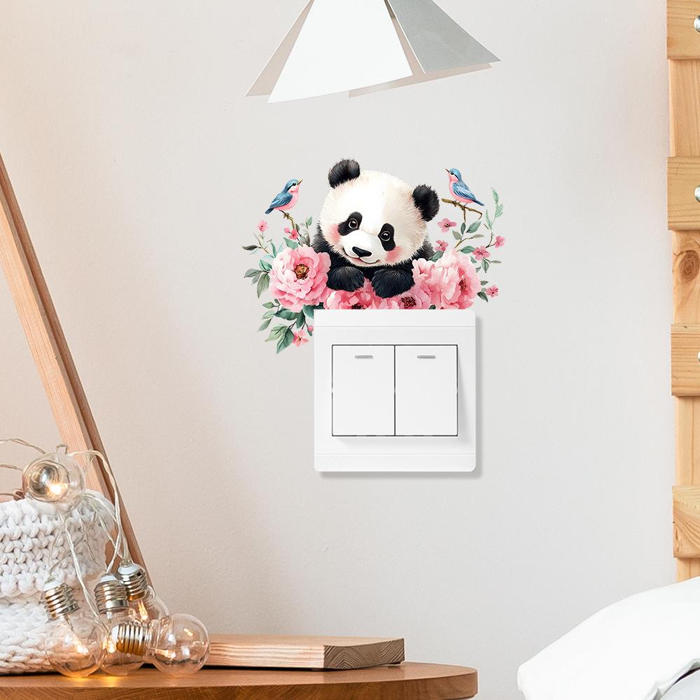 Aquarell-Blumen mit Rotem Panda Schalterplatten-Aufkleber für Schlafzimmer Wohnzimmer Hintergrundwand-Dekor Abnehmbare Folie