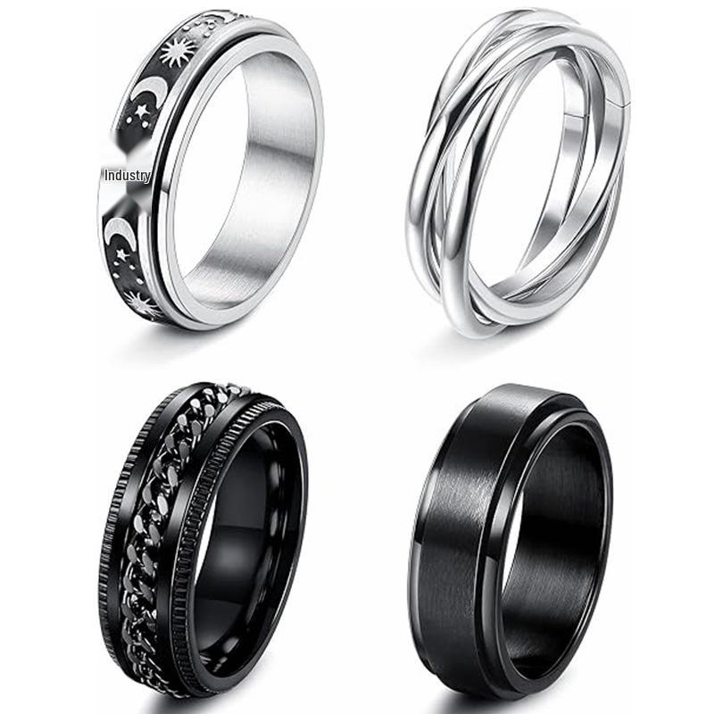Rotatable Titanium Steel Moon & Stars Ring for Men - European & American Style Stainless Steel Couple Ring